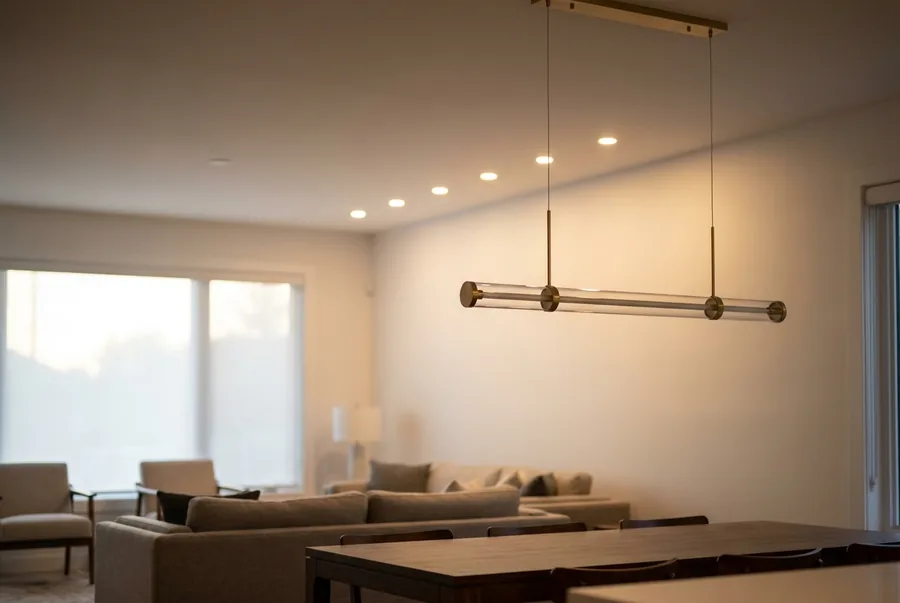 A living room ceiling with new recessed lights and a linear pendant over a dining table at dusk