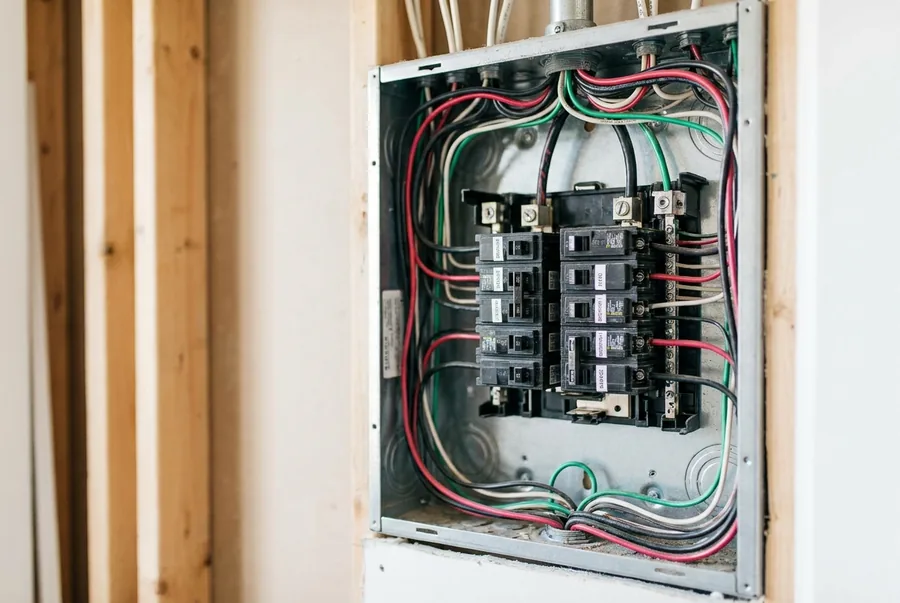 A newly installed electrical panel with the cover off, color coded wiring and printed breaker labels